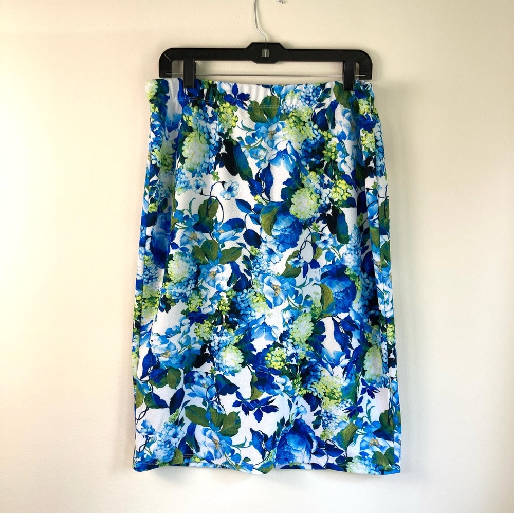 Slinky Brand Floral Stretchy Blue and Green Skirt